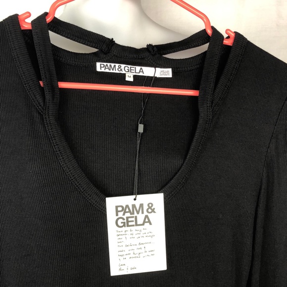Pam & Gela Black Split Neck Ribbed Jersey Dress M - Picture 6 of 11